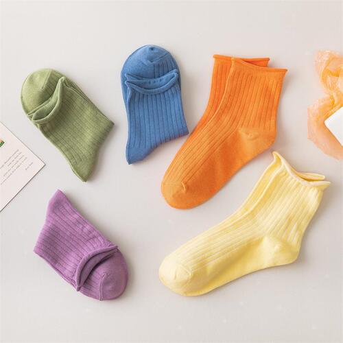 Summer trendy women's solid color vertical stripe mid-calf socks, candy color tassel socks with rolled edges, simple and elegant.