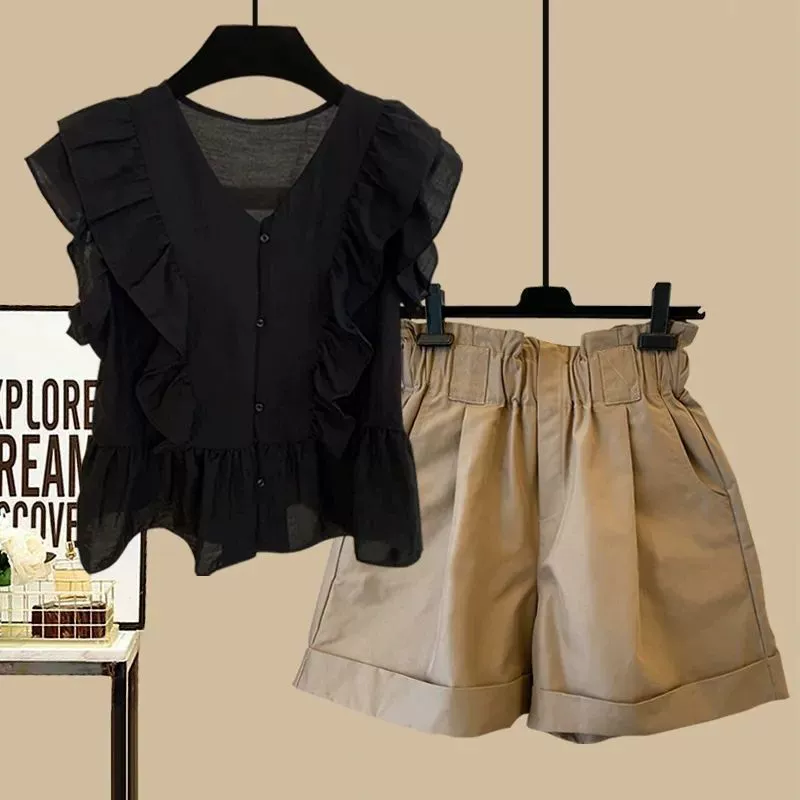 2025 новый летний черный воротник шифоновый бэбидолл женская блузка с рюшами без рукавов модный комплект с шортами тренд