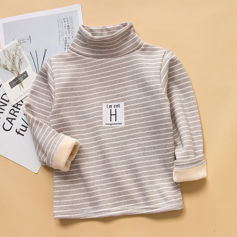 2025 camisa de fondo para niños, cuello medio alto más terciopelo, niños y niñas, rayas, manga larga, abrigo, ropa infantil coreana de moda de otoño e invierno