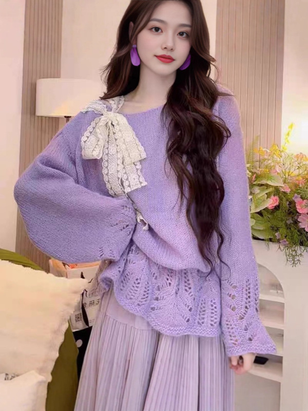 甜美蝴蝶结镂空针织衫毛衣女早秋新款设计感小众宽松显瘦上衣外套|undefined