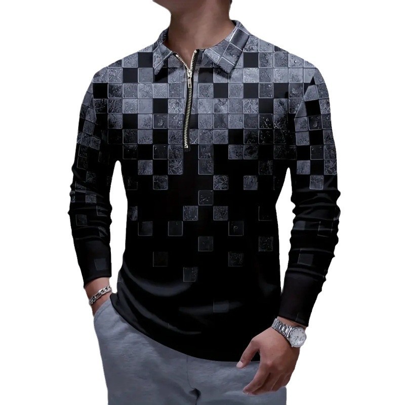 2024 venta caliente geométrico metal sensación cuadrado estampado 3D hombres primavera y otoño manga larga suelta transpirable cremallera POLO camisa