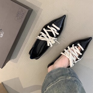 2025 New Lace-Up Two-Wear Small Flats Niche Design Shoes French Retro Pointed Toe Shallow Mouth Simple Bright Leather