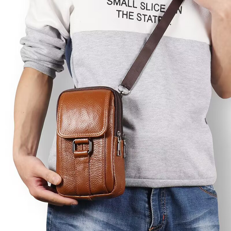 New Genuine Leather Mobile Phone Bag Men's Multifunctional Belt Waist Bag Fashionable Crossbody Bag Waterproof and Dust-proof Small Change Bag