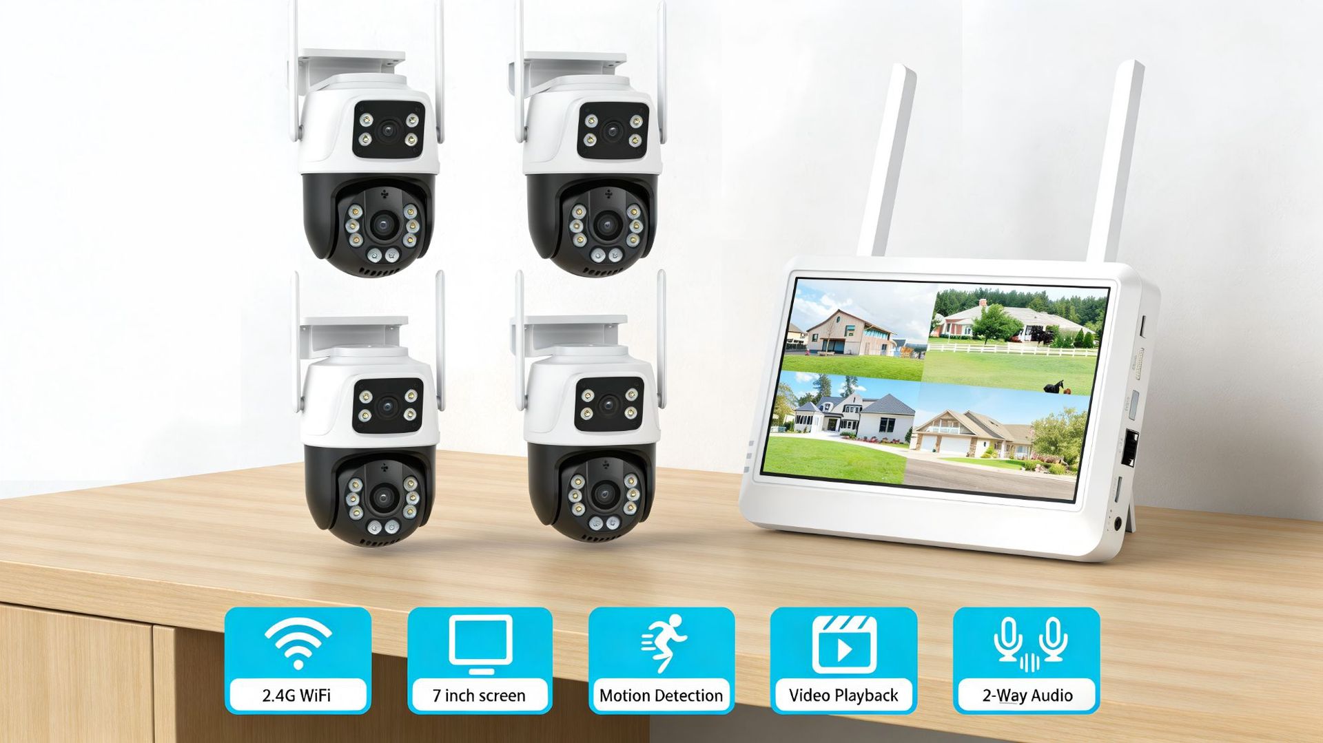 CCTV监控系统wifi带屏双目球机监控摄像头套装摄像头带屏录像机