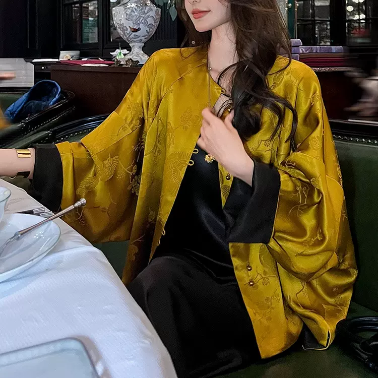 新中式35姆米真丝提花外套女装秋桑蚕丝国风气质高级感唐装上衣