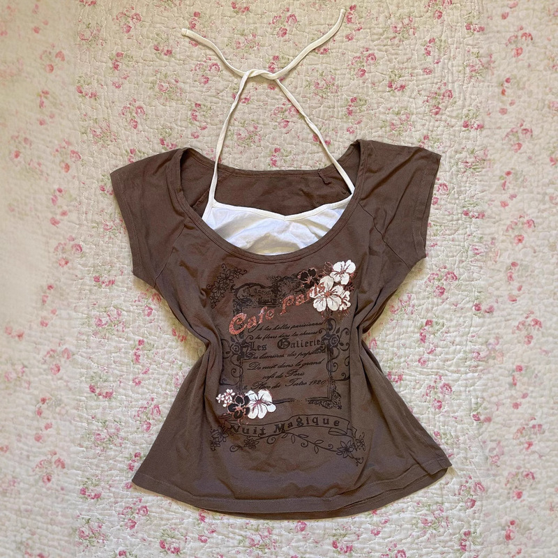 Millennial Hottie Y2K Brown Top Vintage Vintage Hottie Slimming Look Ultra-Short-Sleeved Fake Two-Piece Top