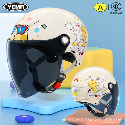 Motosiklet kaskı (dəbilqə): Boys, Summer Electric Motorcycle, Kids - summer-style-khaki-white-airplane-ink-blue-long-lens