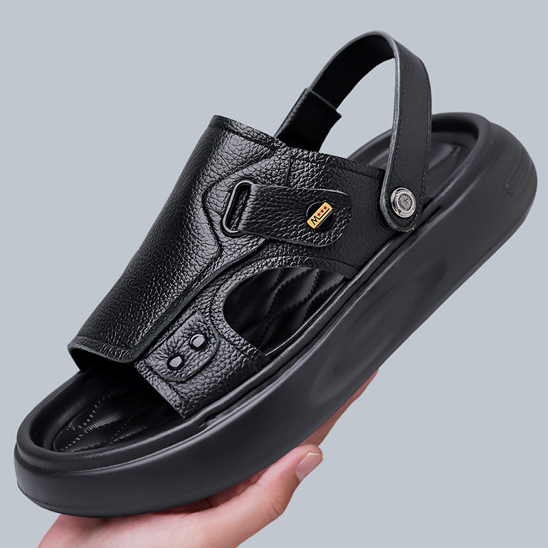 Dép sandal nam da bò lớp đầu đế dày xốp, quai hở ngón kiểu lười thoáng khí — G2S562 màu nâu, G2S562 màu đen