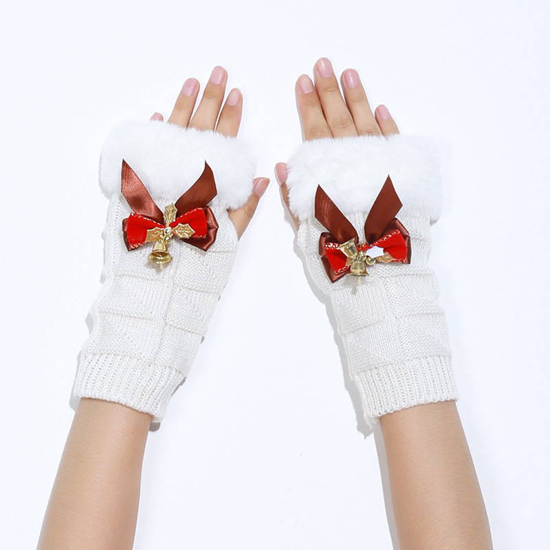 New knitted wool autumn and winter jacquard plaid bow Christmas warm half finger gloves wholesale_voghion.com