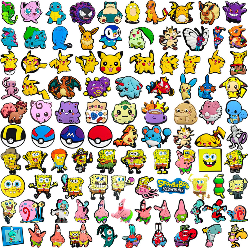 99 Single Pokemon Spongebob Collection Croc Shoe Decoration Pvc Soft Rubber Shoe Flower Fun Buckle