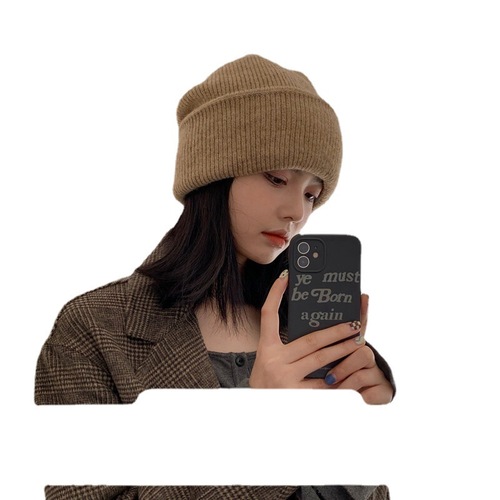 韩国ins羊毛混纺慵懒风纯色毛线帽子女百搭休闲冬季护耳堆堆冷帽