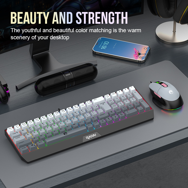 Set mouse e tastiera da gioco RAIKU T85 con illuminazione a tre colori sfumati, cablato e luminoso._voghion.com
