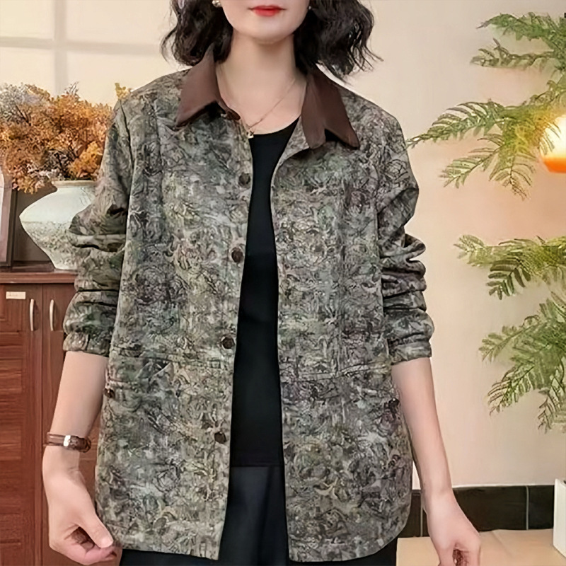 妈妈碎花翻领外套薄款秋季新款中老年女装长袖宽松衬衫上衣|undefined
