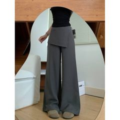 气质感假两件拼接围裙式高腰阔腿休闲裤女春季新款直筒拖地长裤子