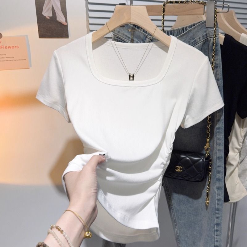 화이트 - 스퀘어넥 반소매 플리츠 솔리드 컬러