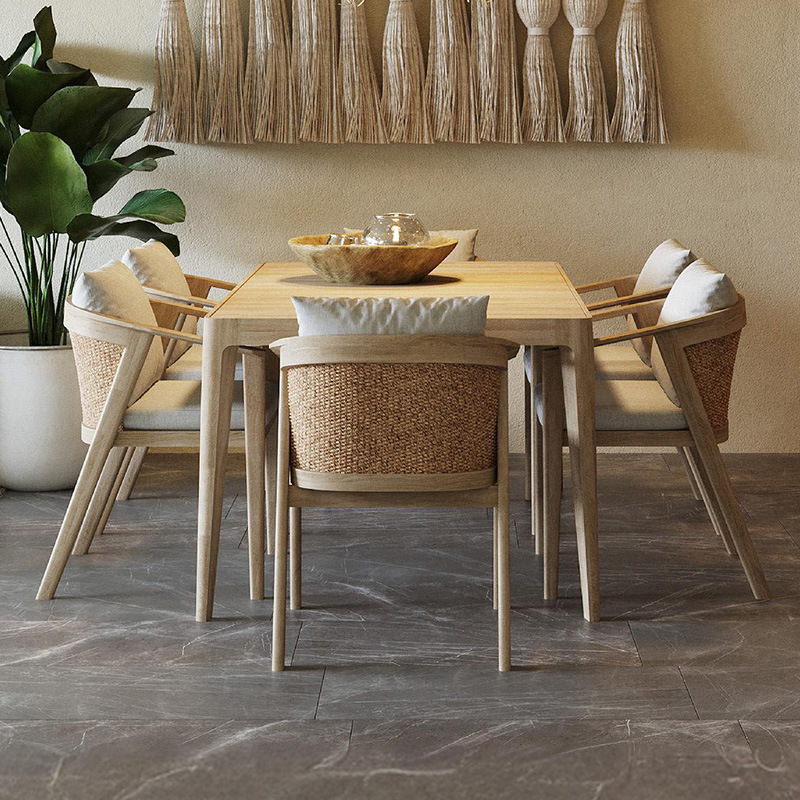 Conjunto de mesa y sillas de teca para terraza, patio, solarium, jardín, sillas de ratán resistentes al agua y al sol para exteriores.