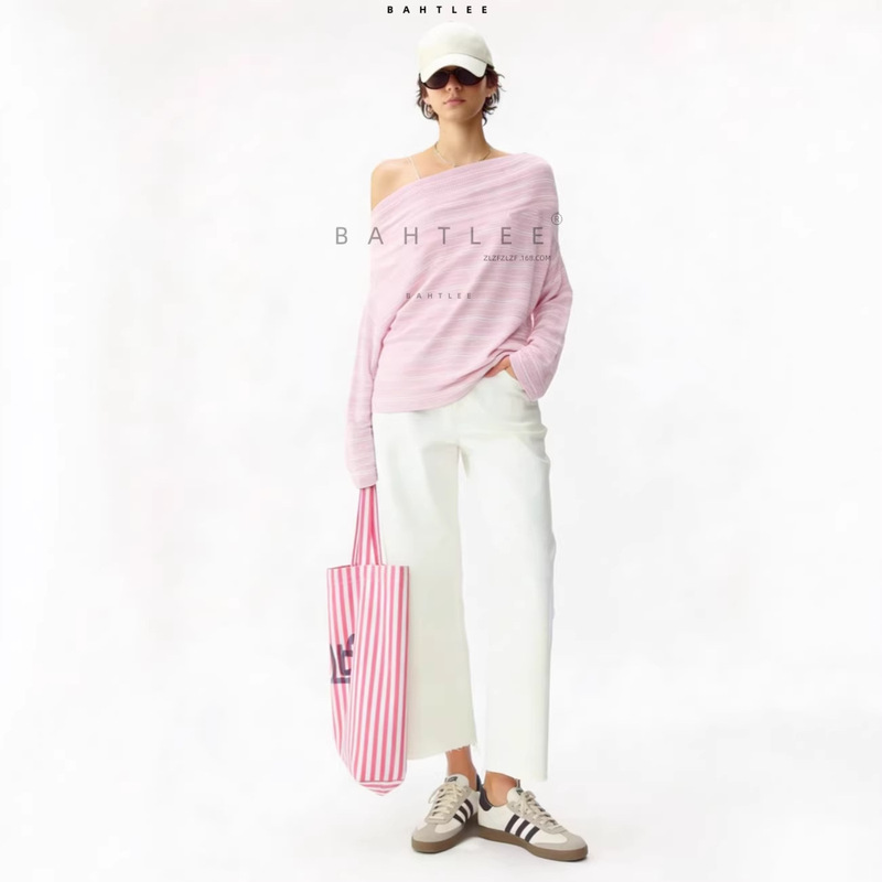 New Pink Spring/Summer Thin Style Row-Style Wool Long-Sleeve Off-Shoulder One-Shoulder Neckline Versatile Simple Striped Knit Top New Pink Spring/Summer Thin Style Row-Style Wool Long-Sleeve Off-Shoulder One-Shoulder Neckline Versatile Simple Striped Knit Top