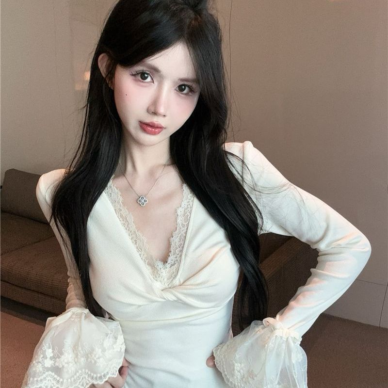 여성용 레이스 스플라이싱 트위스트 브이넥 긴팔 티셔츠, 봄, 가을 벨 슬리브, 슬림핏 이너웨어, 순수한 욕망 슬리밍 보텀 셔츠 탑