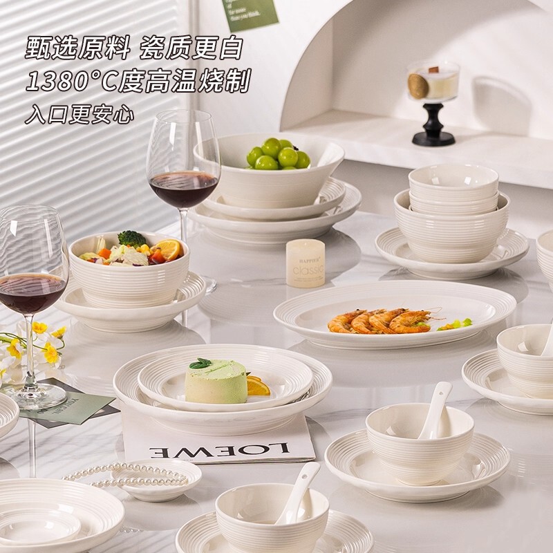 Jingdezhen High-Temperature Underglaze White Threaded Household Ceramic Tableware Set: Plates, Soup Bowls, Noodle Bowls, Rice Bowls, and Dishes