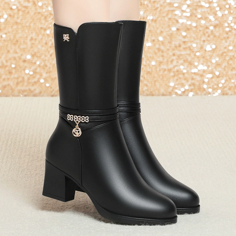 Сапоги до середины икры для женщин 2023 новые женские сапоги из хлопка среднего и пожилого возраста зимние сапоги с мягким дном кожаная обувь на флисовой подкладке осенне-зимние сапоги для мам