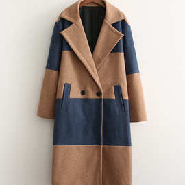 2023春外贸跨境批发欧美女装拼色毛呢大衣中长款外套  4666