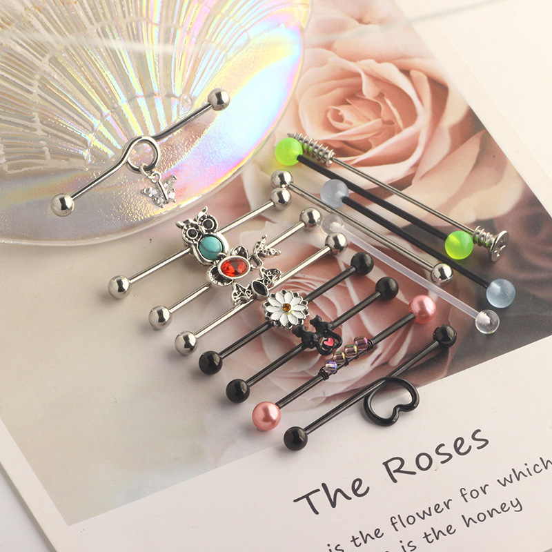 European American Trendy Ear Studs Butterfly Snake Industrial Barbell Cross Bar Ear Bone Nail Piercing Jewelry Set detail image 7