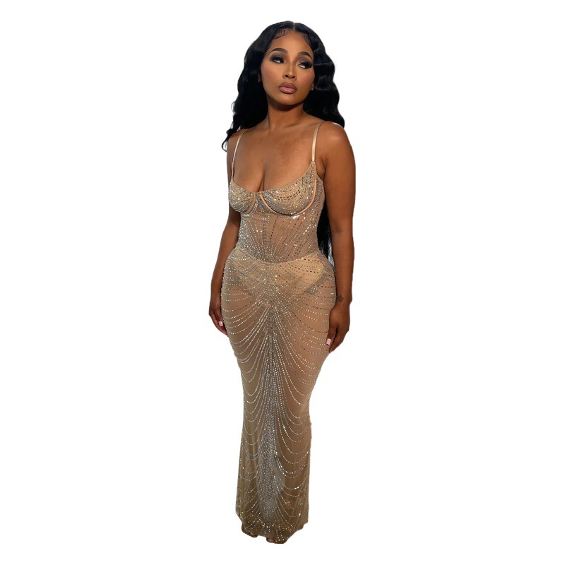 C6613 transfronterizo AliExpress Amazon Europa y América de las mujeres de moda de color sólido de malla rhinestone vestido de la correa
