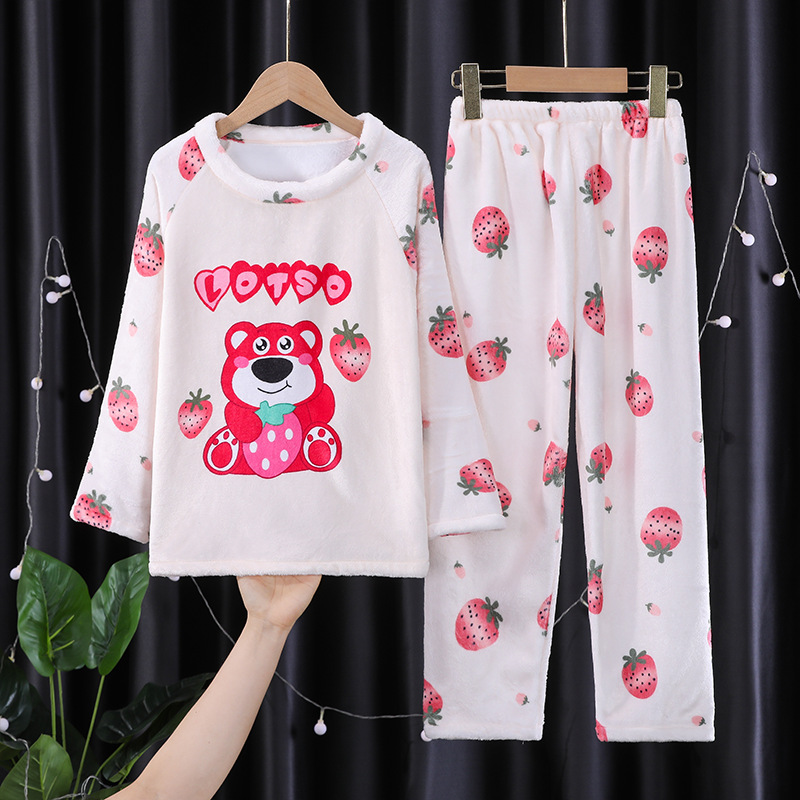 플란넬 세트 어린이 두 조각 세트 새로운 두꺼운 따뜻한 귀여운 중대형 어린이 느슨한 둥근 목 홈 옷