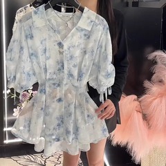 POLO领碎花短袖衬衫女2025年夏季新款压褶收腰遮肚子显瘦气质上衣