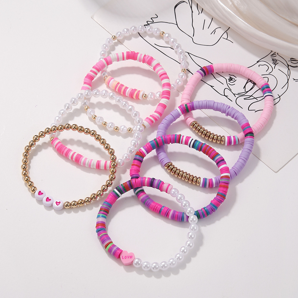 Street Occasion Artificial Pearl, soft clay Material Sweet Letter Heart Shape Artificial Pearl Soft Clay Beaded Women's Bracelets