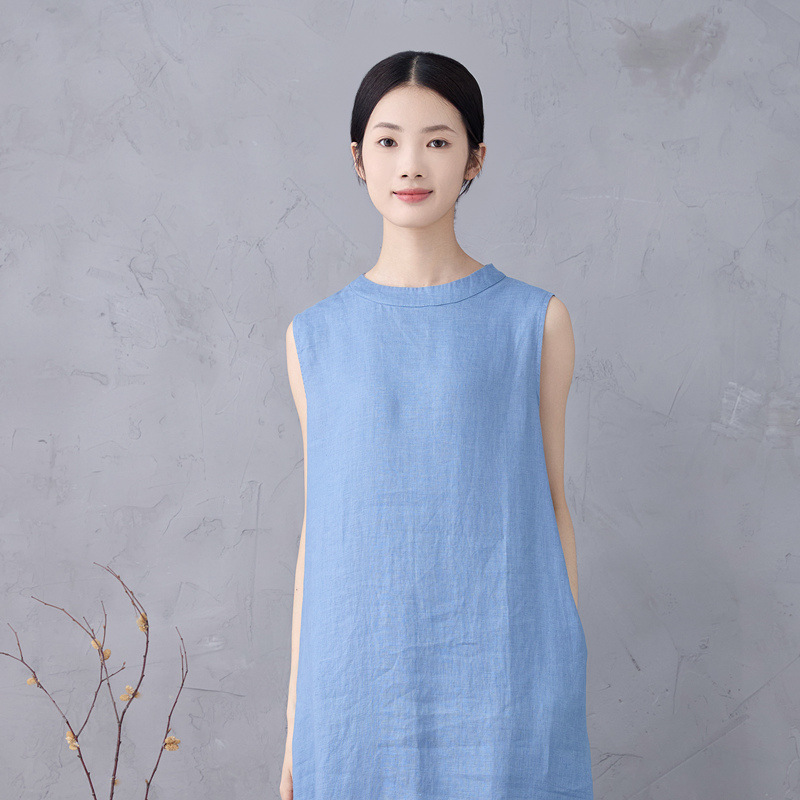 Linen dress vest skirt sleeveless split mid-length skirt literary retro half-high collar solid color brand summer women's fermented wash