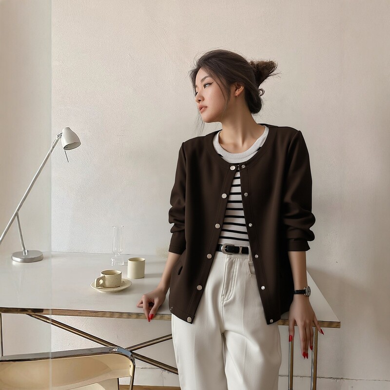 Plus Size Jacket Maillard Coffee Short Style Right Shoulder Versatile Slimming Look Women's Autum New Top 3557