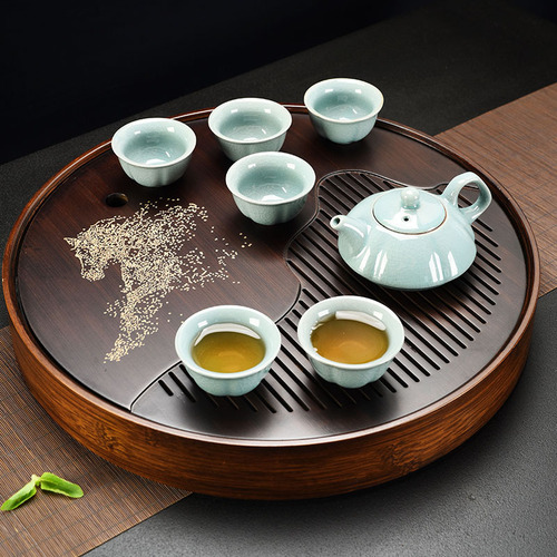 Nan bamboo made Chinese traditional elegant tea tray for hosting guests, tea table set for office, home and indoor use, for making friends and tasting tea, round shape