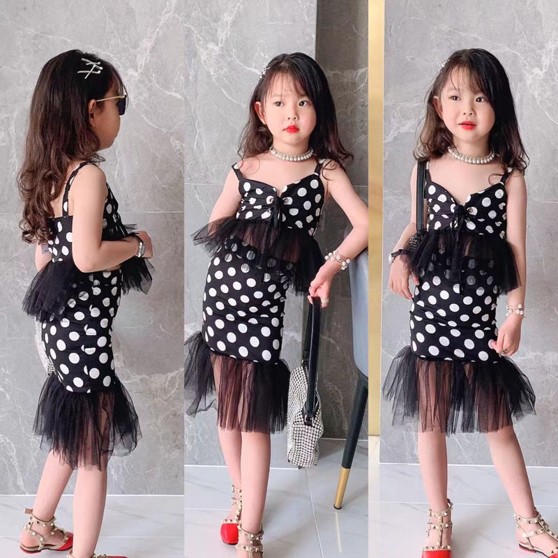 Literature and Art Retro Hong Kong Style European and American Photography Black and Red Plaid Sling Horn Pants plus size Two-Piece Girls' Parent-Child suit