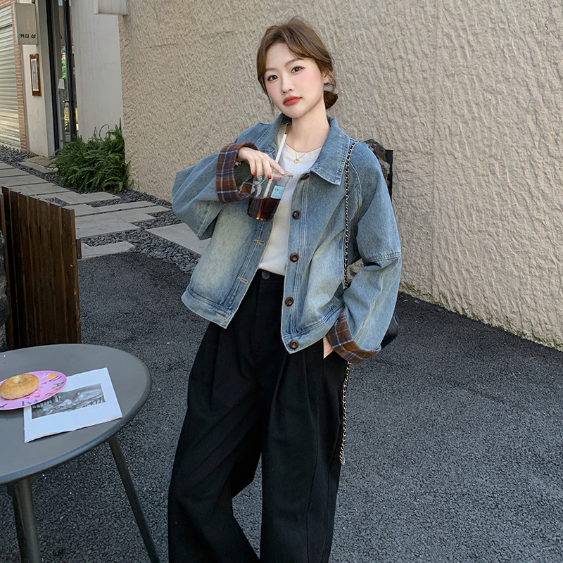 实拍蓝色复古高级感格纹拼接牛仔外套女2025春新款小个子休闲夹克|undefined
