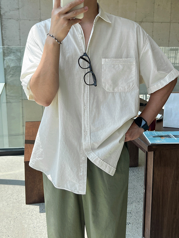 Myqシンプルな純色半袖シャツ男性夏のゆるいカジュアルシャツ韓国版トレンド襟半袖上着