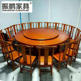 电动大圆桌火锅桌子12/15/20人餐厅餐桌电磁炉带转盘实木家用