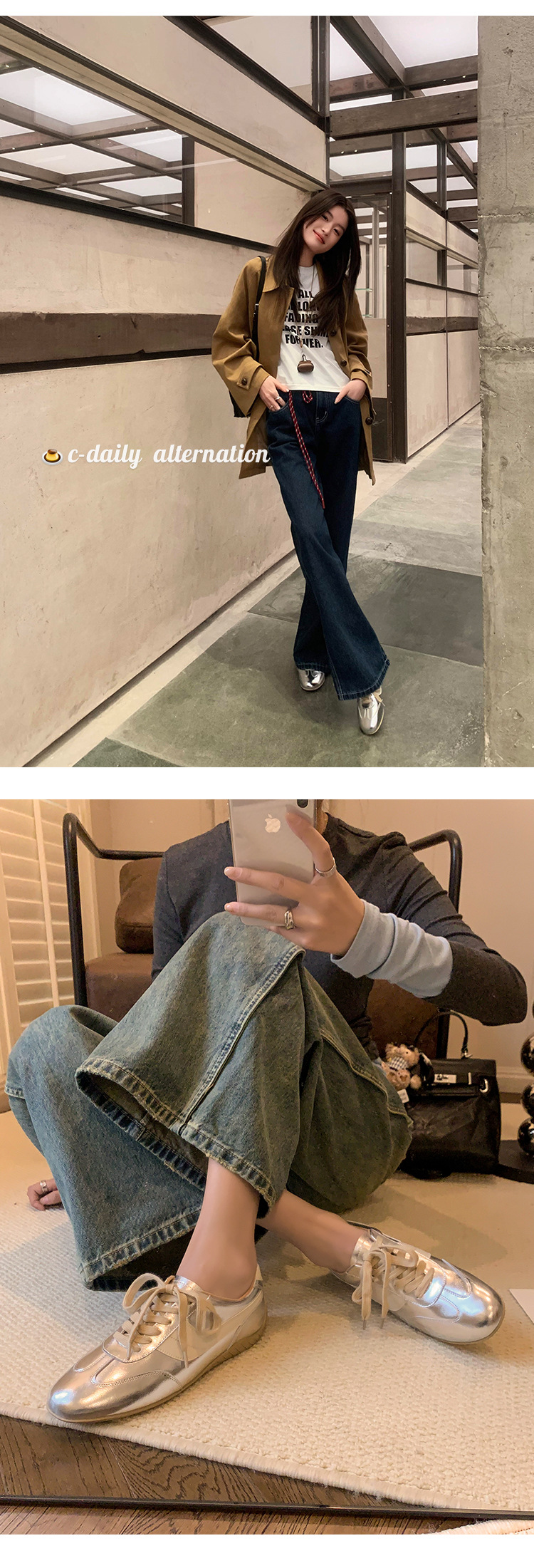 Giày sneaker nữ đế bệt mũi tròn dây buộc da thật phối màu phong cách Đức — Màu nâu chi tiết 26