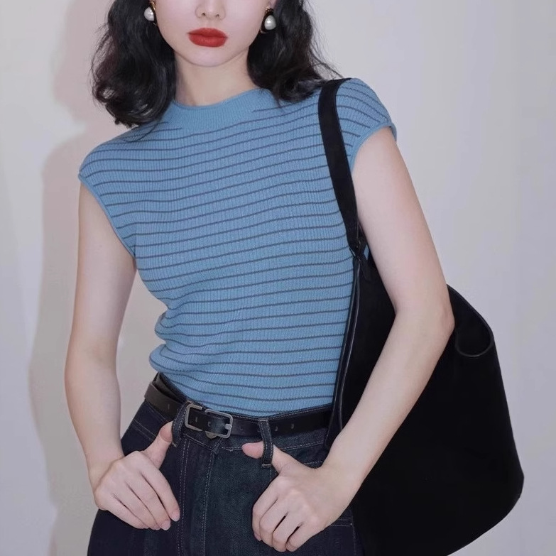 레트로 기질 라운드 넥 대비 스트라이프 티셔츠 여성 여름 민소매 슬림 통근 조끼 탑