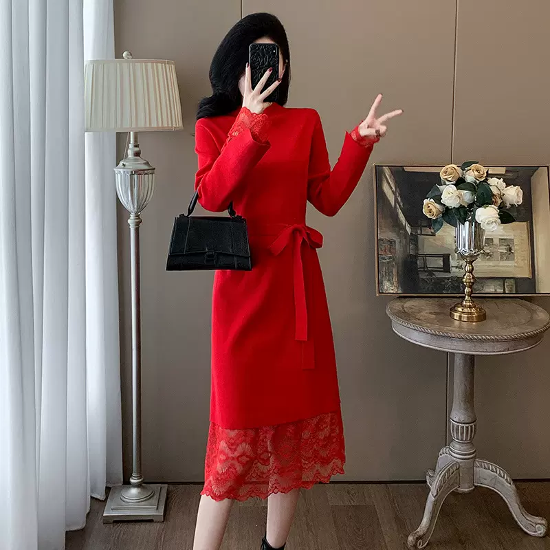 小香风新年战袍红色针织连衣裙女秋冬大码女装宽松显瘦内搭毛衣裙