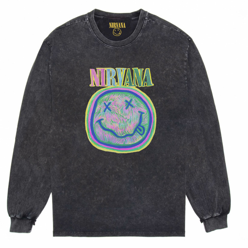 Nirvana Vintage American retro apenado rock punk angustiado lavado batik Camiseta de manga larga