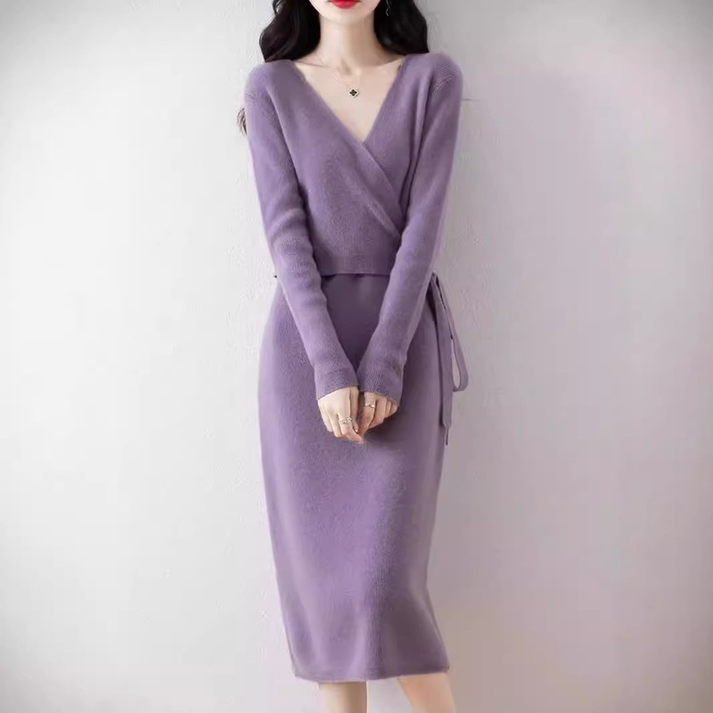dress autumn and winter French long-sleeved women's high-end V-neck kimono cross-collar mid-length 100 wool sweater dress