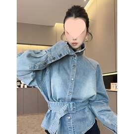 牛仔衬衫女春季新款复古做旧磨白系带收腰单排扣衬衣长袖上衣