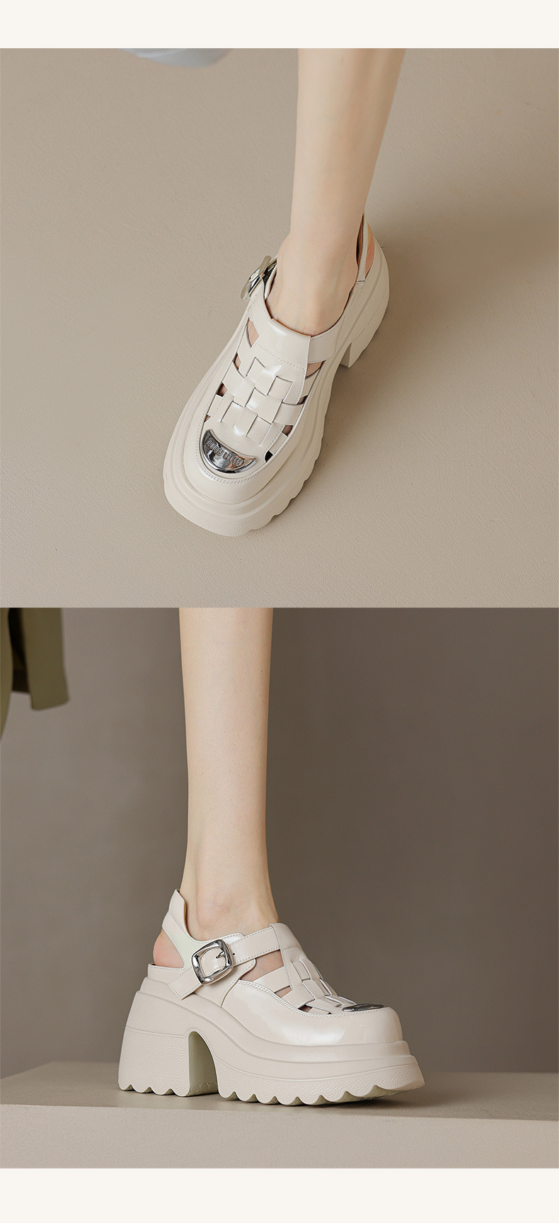 Sandal bít mũi đế dày da bóng phong cách La Mã, gót cao 10 cm — Màu be, Màu đen chi tiết 9