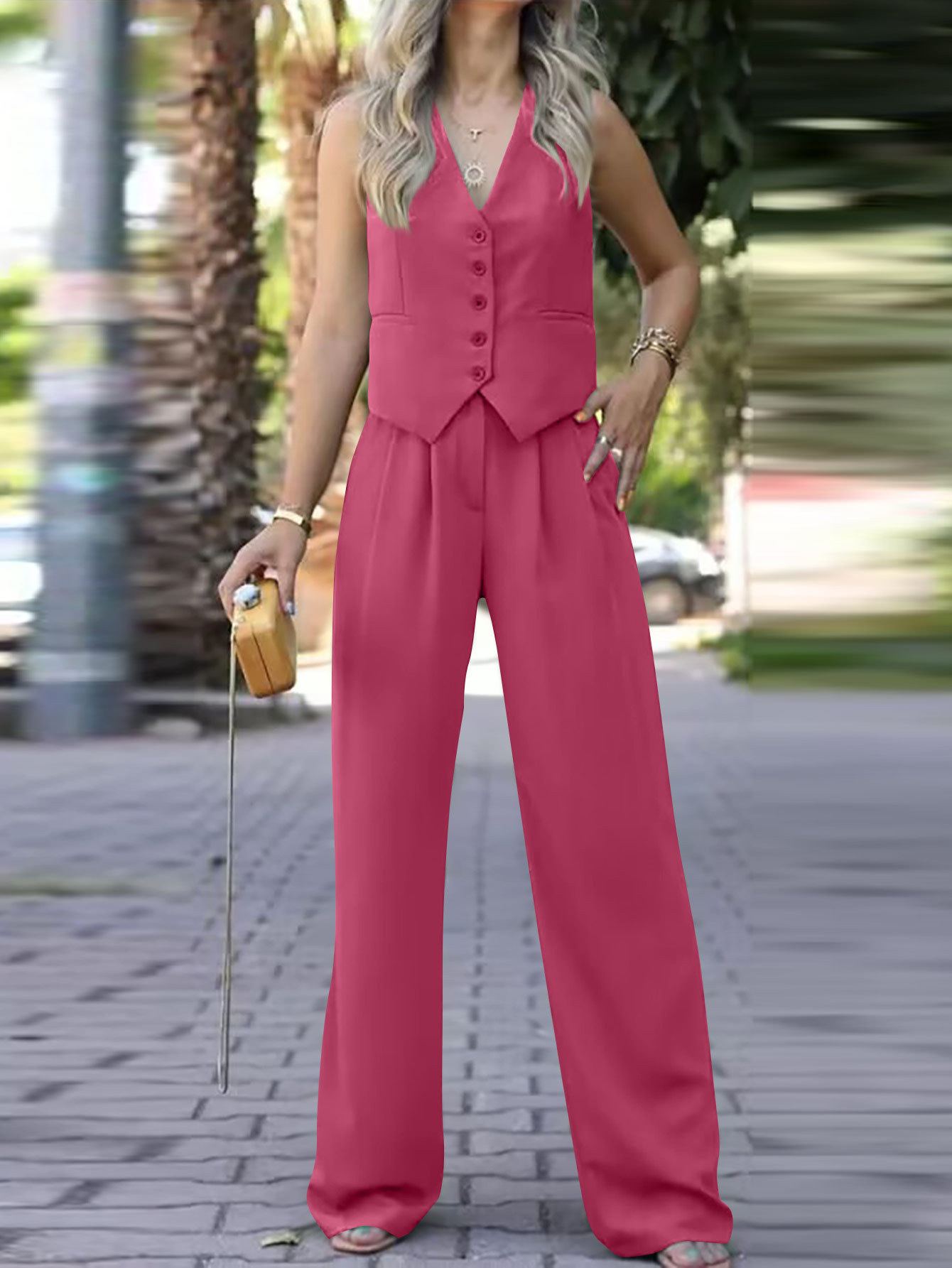 491g Weight Vest Outerwear Type Sleeveless Sleeve Length Polyester Fabric Type Blazer Suits Co-ord Set Sets Type 2 Pieces Set Quantity Casual Occasion V Neck Neckline Slim Fit Type Solid Color Pattern Spring Season Women's Gender Casual Style Casual Women's Casual Solid Color Polyester Blazer Suits Co-ord Set Pants Sets 2