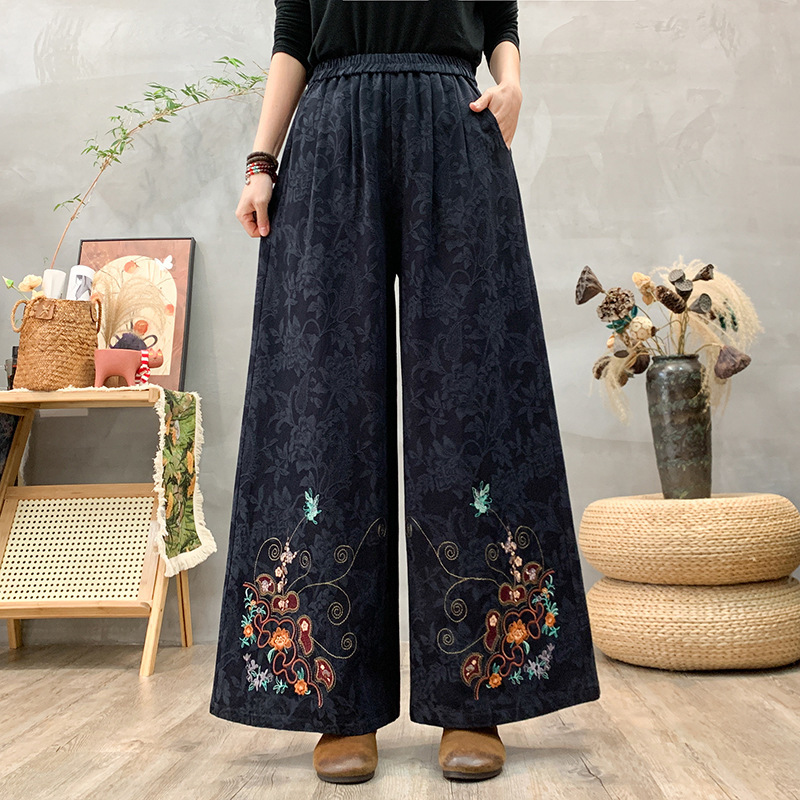 Spring and Autumn Ethnic Embroidered New Wide-Leg Pants, Casual Loose Jacquard Retro Cropped Pants for Middle-Aged and Elderly Women Spring and Autumn Ethnic Embroidered New Wide-Leg Pants, Casual Loose Jacquard Retro Cropped Pants for Middle-Aged and Elderly Women