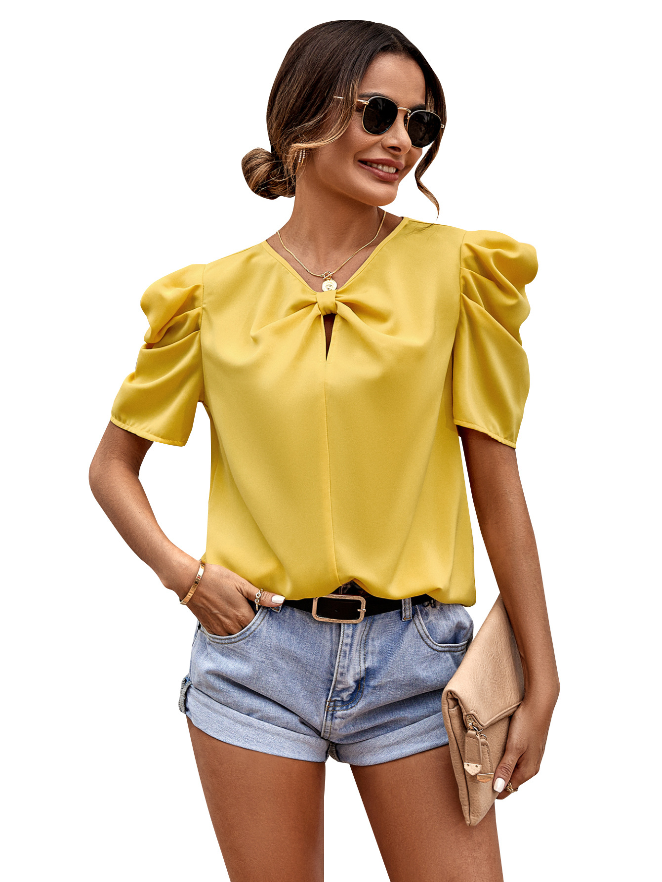 Fashion Solid Color Polyester V Neck Short Sleeve Puff Sleeve T-shirt display picture 3