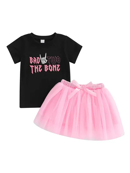 Amazon Summer European and American Street Style Ins Girls' Trendy Letter Print Short-Sleeved T-Shirt Pink Gauze Skirt Set