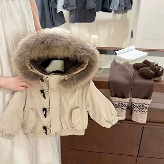 韩系夹克式加绒兔毛棉服2026新款秋冬毛帽子儿童加厚保暖派克服