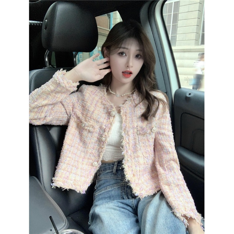 French Elegant Socialite Chanel Style Pink Tweed Coat Women's Spring and Autumn High-end Short Top for Small